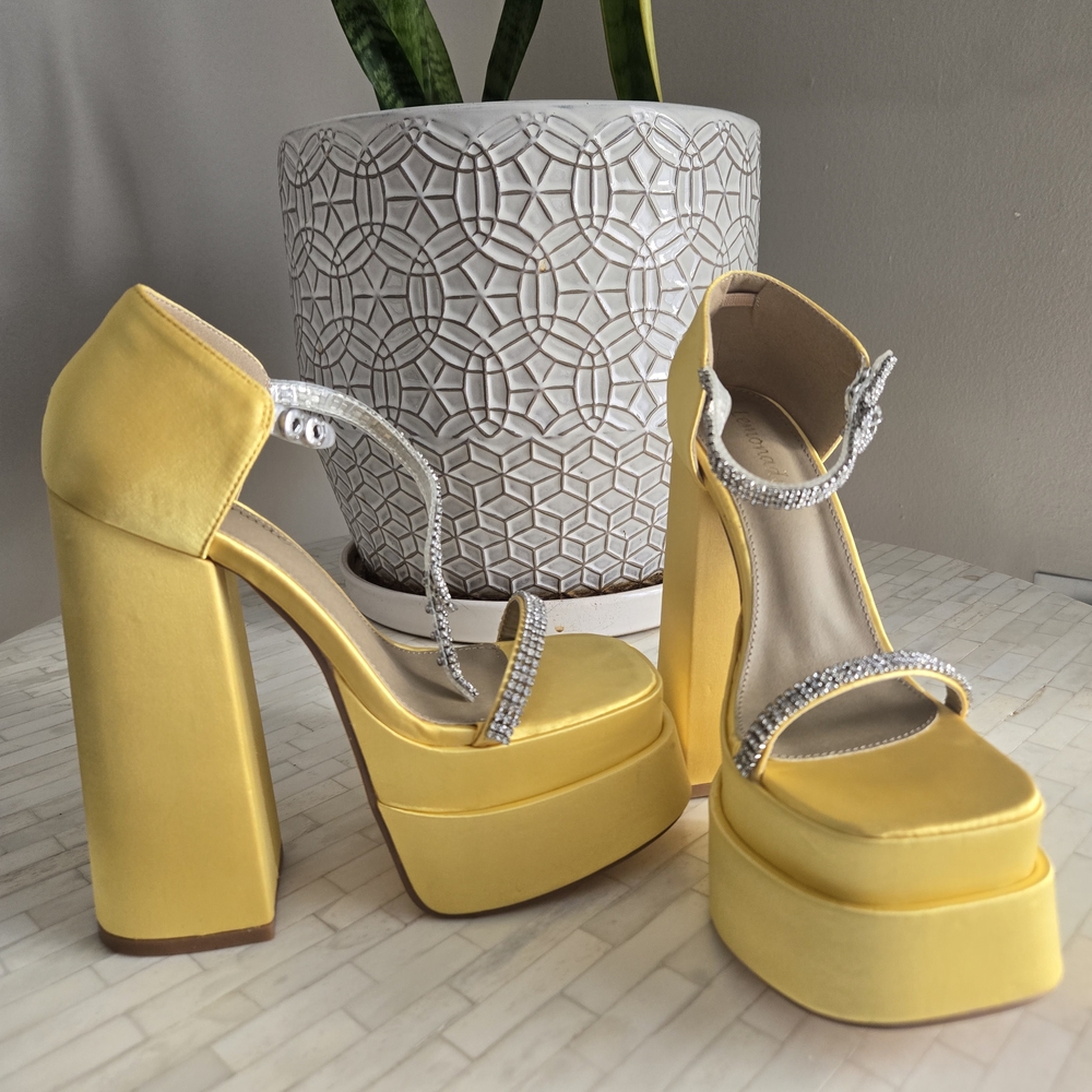 Yellow Platform Heels with Rhinestone Straps